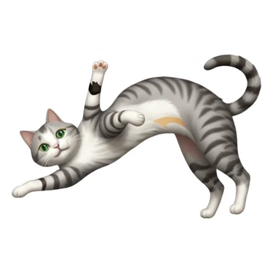 grey and white cat with green eyes doing a big extremely long stretch reaching up into the air with arms and legs side by side together straight and overextended whilst lying on its side sticker