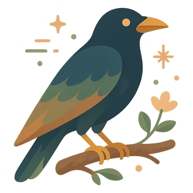 A mysterious crow perched on a branch, surrounded by a soft, magical atmosphere. The crow’s feathers are deep, dark hues with hints of golden orange (FA9B41), forest green (4A7C5C), muted taupe brown (96775A), and pastel peach (FFCC9A) subtly blending into its plumage. The branch is weathered and textured, with small leaves in green and peach tones, and delicate flowers or tiny sparks floating around. The lighting is soft and ambient, casting a warm, mystical glow over the scene, creating a quiet yet enchanting atmosphere. The crow’s sharp eyes and poised posture add to the mysterious, slightly gothic vibe of the moment sticker