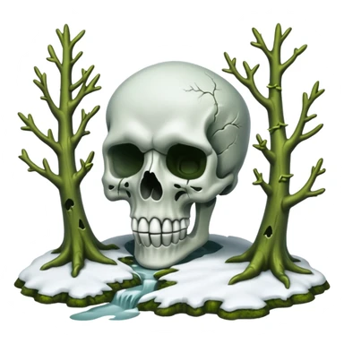 A surreal Alaskan snow covered landscape with mossy trees, in the style of your bleeding skull art. sticker