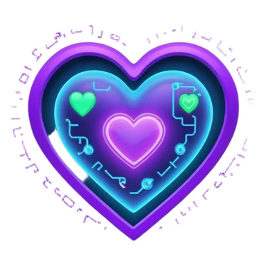 A glowing blue-to-purple neon heart with a small galaxy and green digital hacker code inside. Futuristic, gamer, magical, and powerful. 💚🌌🔥 sticker