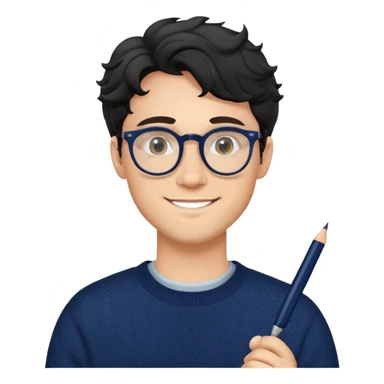 Young caucasian man with black wavy hair, round glasses, navy blue sweater, confident trustworthy smile, professional designer with pen sticker
