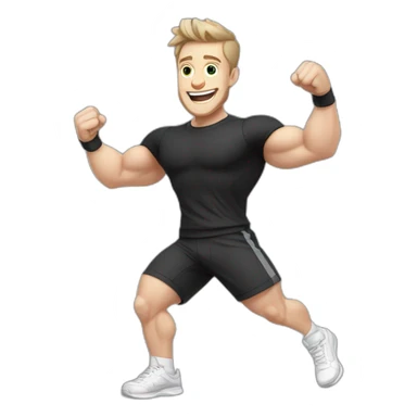Joyful Celebrating victory Pale skinned Fit Man With the biceps and dark brown hair in black shirt, gray sports shorts and white Sneakers sticker