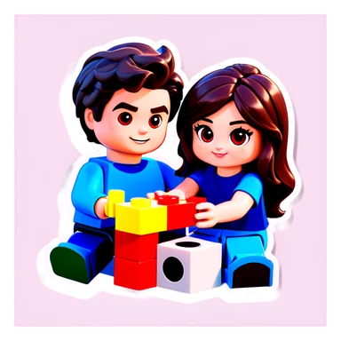 A handsome young man with dark hair, a little heavy sits with his girlfriend with cascading, dark brown hair, flowing down her face as they sit together playing Legos sticker