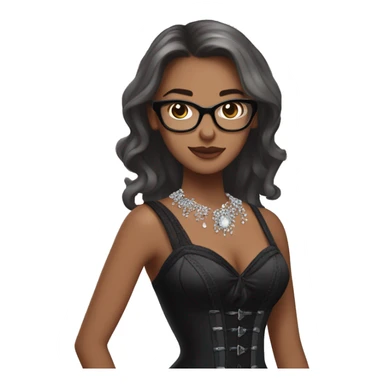 Girl with shoulder length hair and glasses wearing a long black dress with a rhinestone coveted corset top dancing, brown straight hair and grey eyes  sticker