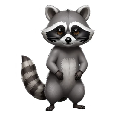 Cinematic-Raccoon-Realistic-Full-Body-Standing on all fours-Emoji – Tail flicking lazily, head tilted dramatically, thick grey fur with a signature black mask, sharp and alert ears, simplified yet realistic focused features, highly detailed, glowing with an almost sarcastic glow. sticker
