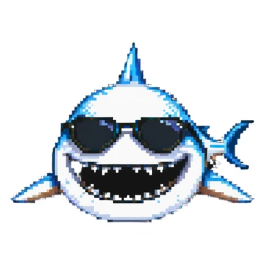 pixelated shark smiling with white teeth wearing dark sunglasses sticker