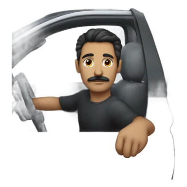 dark hair dark eye man with mustache sitting in car sticker