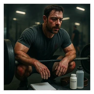 In the style and atmosphere of the reference image, show a muscular 30-year-old man during a squat with a barbell, tired face, hands with chalk, diary nearby, dark circles and redness on joints. On the floor: water bottle, magnesium, belt. Blurred gym background with cold lighting. Cinematic realism. sticker