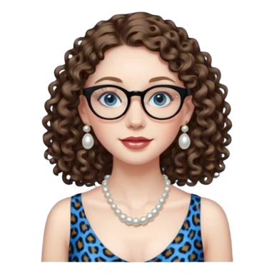 a blue eyed woman with very long brunette curly hair, full lips,and really pale skin. She is wearing a leopard printed thin round-ish glasses . She is wearing fully plain silky black dress. She is wearing pearl necklase and pearl earrings. saying hello sticker