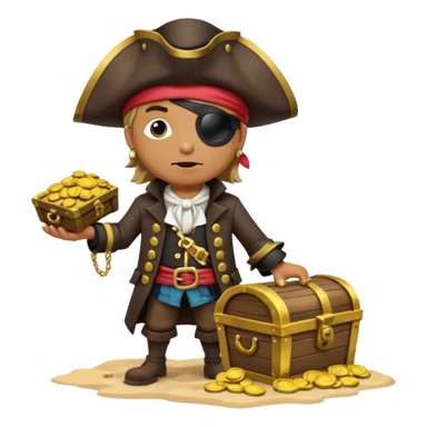 A 3D cartoon pirate character with one eye covered by a black eye patch, holding a treasure chest filled with gold coins and jewels, standing on sandy ground, wearing a pirate hat and coat, warm sunset lighting, realistic Memoji-style rendering. sticker