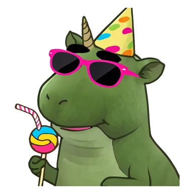capibara riding a unicorn and wearing sunglasses holding a lollipop sticker