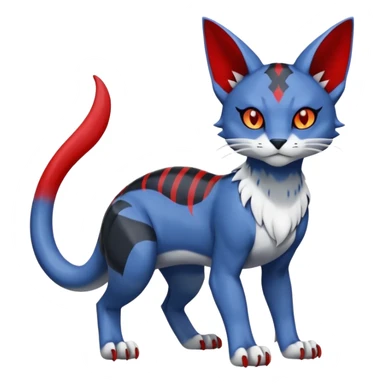 Dark-greyish-blue-grey-black, with red markings, white belly, scaley Bastet-Noibat-Gatomon-Digimon-Fakémon-Pokémon-creature (full body) sticker