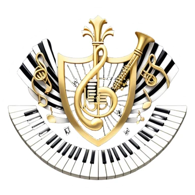 Create an elegant and festive emoji collage representing keyboard instruments, styled like a heraldic emblem. The design should feature a central focal point of black and white piano keys, arranged in a semi-circular or shield-like shape. Around the piano keys, add intertwining musical notes that form flowing ribbons, creating a dynamic and celebratory atmosphere. The design should be professional, with polished silver and gold accents on the keys and notes, highlighting the luxury and sophistication of the instruments. Add subtle shading and lighting effects to give the design a refined, 3D appearance. The background should remain transparent, and the overall feel should evoke grandeur, artistry, and a sense of celebration. sticker
