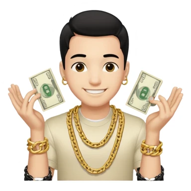 Has un chico con mucha plata en sus manos y en su alrededor, Con una cadena que diga "JovenBallin" y que tenga pelo negro y sea piel blanca sticker