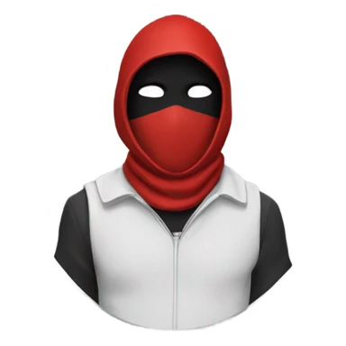 A person in a red guard costume,with a  black mask with a white triangle on the mask. Red hood up sticker