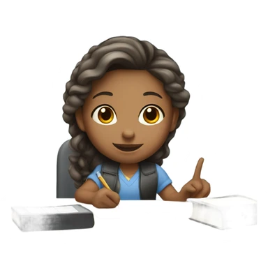 A white girl with a raised hand at a desk at school  sticker