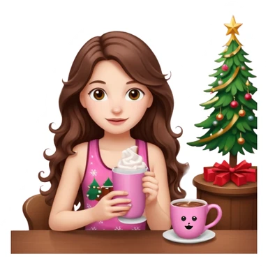 menina branca com cabelos castanhos longos ondulados com xícara rosa na frente com chocolate quente, ela usa blusa de alcinha com estampa de natal sticker