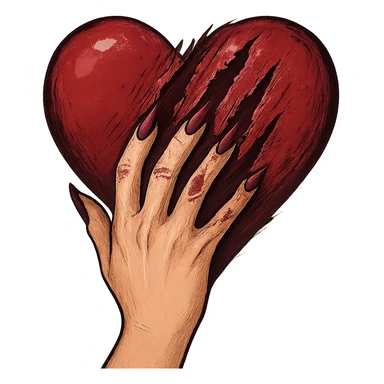 женская рука с маникюром вгоняет когти в винного цвета сердце и сильно раздирает царапает его sticker