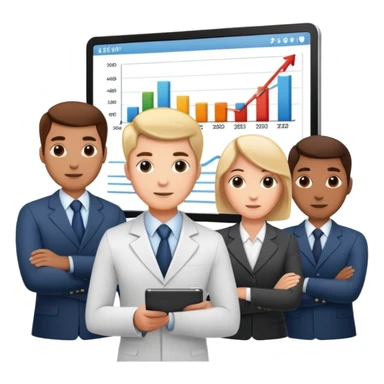 Professional leader with chart showing growth, presenting to team sticker