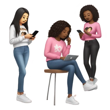 I brown hair girl wearing pink and white sweater and ripped jeans texting to her black hair friend wearing blue and black Shakira lace up croc top  sticker