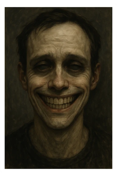 face with a wide grin and dead inside eyes sticker