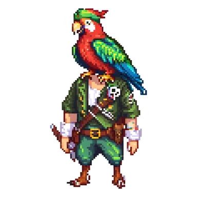 a pirate with a colorful parrot, pixel art style sticker