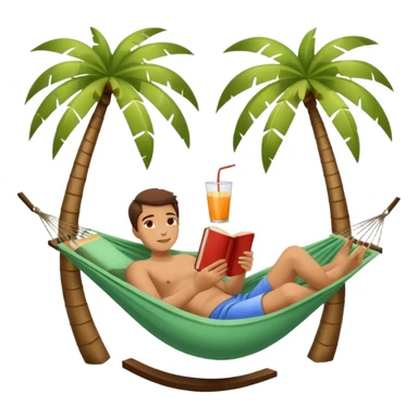 a person lying on a hammock between two palm trees, holding a book in one hand and a fresh drink nearby, symbol of relaxation, isolated on white background sticker