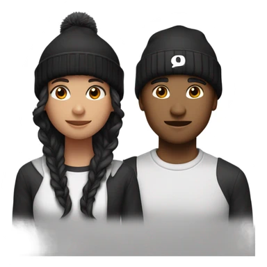 2 best friend, one of them is brown wavy hair in black winter cap, and the othet one is black straight hair with black winter cap sticker