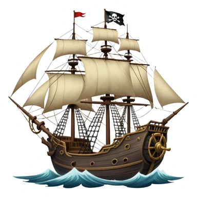An icon representing an adventure game, inspired by high-seas exploration. The design features a fearless pirate gripping the wheel of a grand sailing ship, its tattered Jolly Roger flag billowing as it cuts through stormy waters. The scene evokes danger, treasure, and the thrill of the open sea. Transparent background. sticker