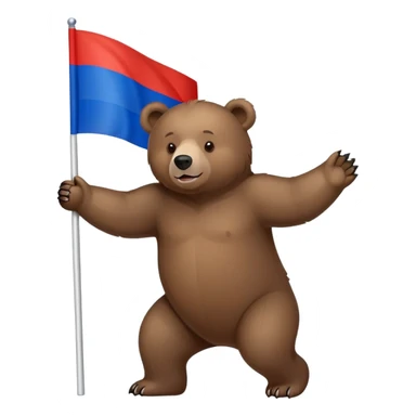 Brown bear on four legs with Russian tricolor flag (white, blue, red horizontal stripes) on its back, minimalist design sticker