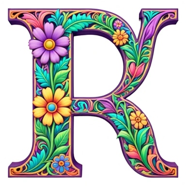 3D, gothic style psychedelic colored capital Letter “J” with hippie style flower border sticker