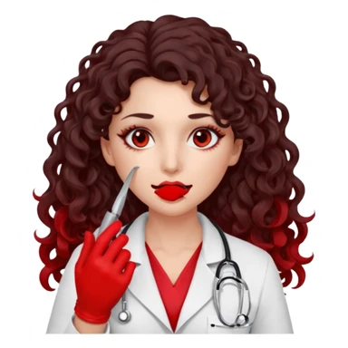 Lilith scalpel in hand, evil surgeon sexy surgeon clothes.  She has red eyes. She has dark brown long curly hair. Wears sexy doctor outfit with red gloves. Covers mouth neck and nose with red litham only covering under her nose to hide her identity sticker