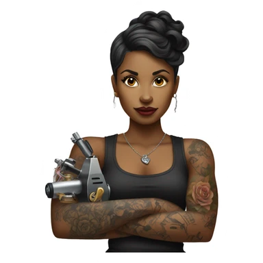 Black female tattoo artist with tattoo holding a tattoo machine sticker