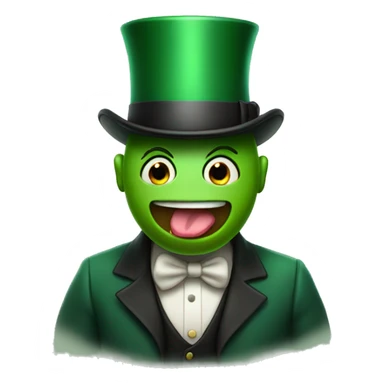 emoji face wearing a green tophat sticking his tounge out sticker