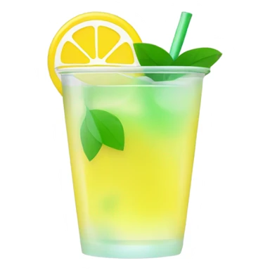 Bright yellow cocktail in a translucent eco-cup, minimalist emoji style, slight glow, simple shine, with a lemon slice or green leaf. Neutral background. sticker