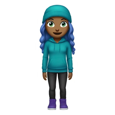 White girl, blue eyes, long teal hair, purple beanie hat, black hoodie, blue jeans, black shoes sticker