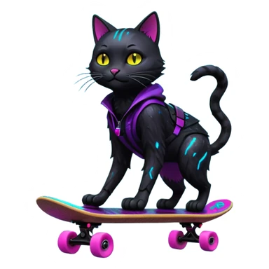 A neon-lit cyberpunk cat riding a floating skateboard through a rain-soaked city alley, cinematic lighting, 8K sticker