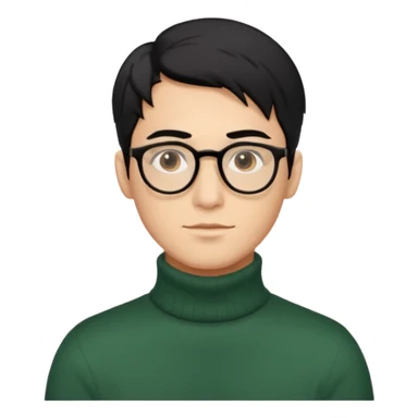 Создай эмодзи, мужчина, 26 лет, стрижка side-part, чёрные волосы, карие глаза, свитер-гольф, смуглый цвет кожи, очки sticker