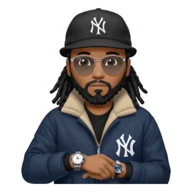 African American Man with shoulder length black dreadlocks with black beard wearing black sunglasses wearing a black bubble winter coat and a New York Yankees logo baseball cap checking the time on his watch sticker
