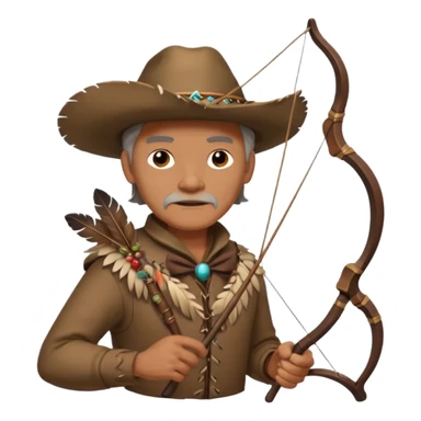 The classic image of a middle-aged uncle hunter carrying a bow, dressed in brown clothes, with some ornaments made of feathers, bones or teeth on his body. sticker
