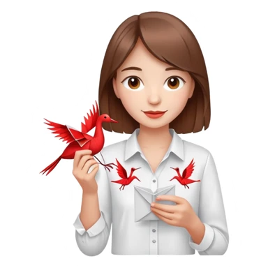 Happy Ukrainian young girl with brown hair in a white embroidered shirt holds an origami red crane sticker