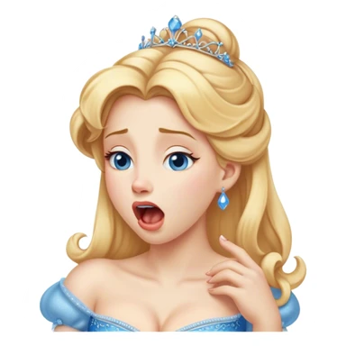 Cinematic Realistic Yawning Cinderella Portrait, showcasing lifelike porcelain skin and intricately detailed golden-blonde hair styled flawlessly as she mid-yawn reveals a moment of tender vulnerability. Her half-closed blue eyes and relaxed expression are rendered with natural, soft lighting that emphasizes the subtle textures of her face and the detailed, flowing fabric of her iconic gown. The scene glows with a cozy, authentic warmth that captures a rare, intimate moment of repose. sticker