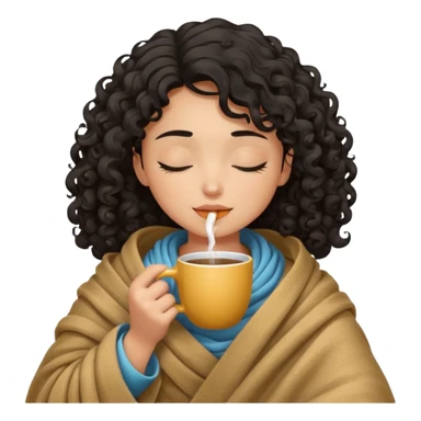 Tan light girl with curly black hair under a blanket sipping coffee eyes closed sticker