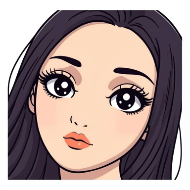 White girl with long oval face, huge round black eyes, big eyelashes, no makeup, natural lips, face closeup, long straight black middle-parted hair sticker