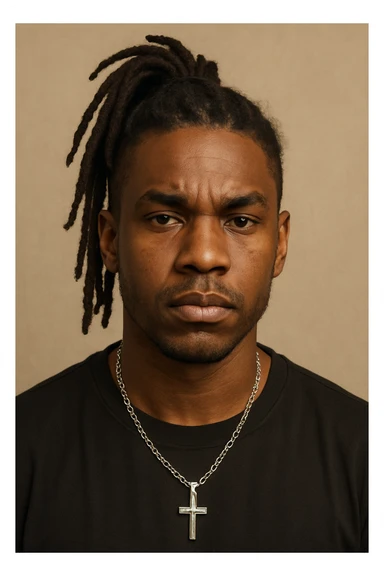 portrait of a brown-skinned person with a cross chain necklace and dreadlocks tied in a ponytail on top, detailed facial features, neutral background sticker