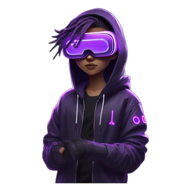 Cyberpunk style. Violet neon. boy with white-light skin in the black hoody with violet OMG VR logo on it wearing vr headset oculus quest 2 sticker