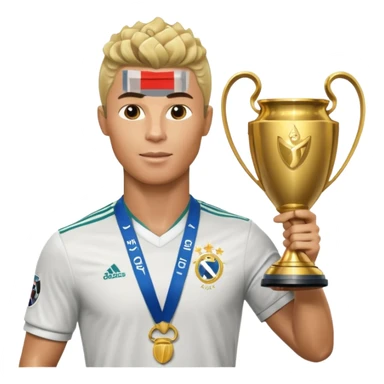 Cristiano Ronaldo holfing the champions league with noodle hair a bit longer noodle hair with a bit of blonde highlights and tge hair xoming down a bit sticker