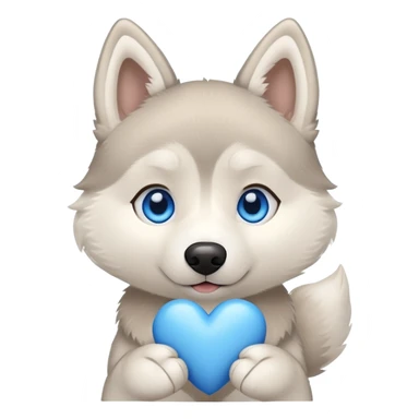 Beige husky with blue eyes holding a blue heart sticker