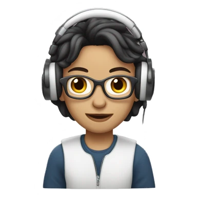 White-skinned firlancer with dark hair works on a laptop in headphones sticker