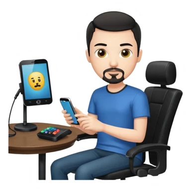 a setup of a youtuber, white skin, thin goatee, black short hair, with a desktop pc on a table, a gaming chair, microphone, no headset phone sticker
